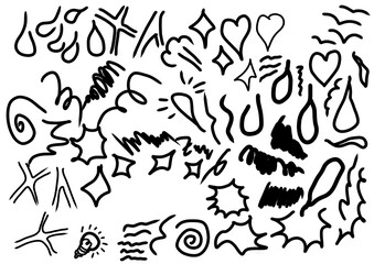 Hand-drawn doodle icons and symbols in black ink on white background  