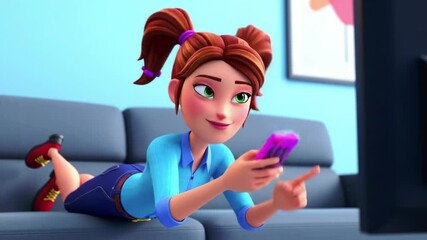 Animated woman with red hair watching tv comfortably while lying on a sofa with a remote control in hand. concept of home entertainment, relaxation, leisure activity.. Animation