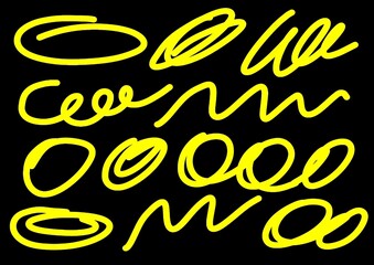 Yellow hand-drawn scribbles and shapes on black background  