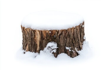 A large tree stump covered in snow. The stump is surrounded by a white background. Old tree stump covered in snow isolated on white background.