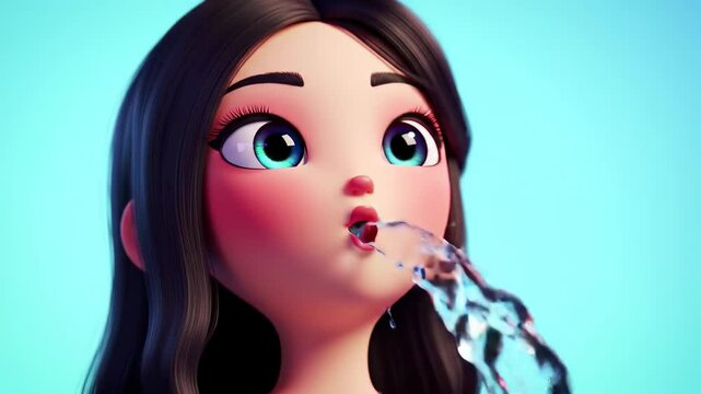 Surprised cartoon girl with wide eyes and open mouth spurting water from mouth on blue background. Concept of humorous vomiting, comic expression, nausea reaction, exaggerated cartoon style. Animation
