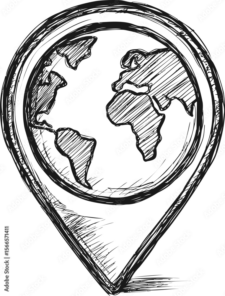 Poster hand-drawn globe in map pin shape showing continents as a sketched illustration