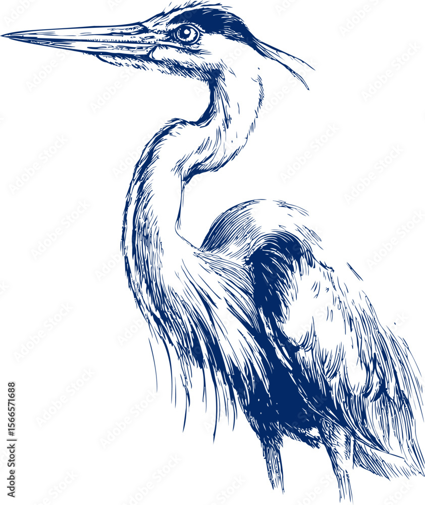 Poster blue ink sketch of a heron with detailed features and elegant pose on white