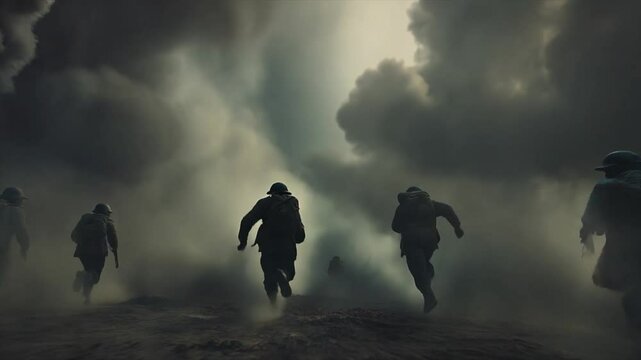 Soldiers escaping from bombs, epic war conflict, cinematic battlefield. 4k