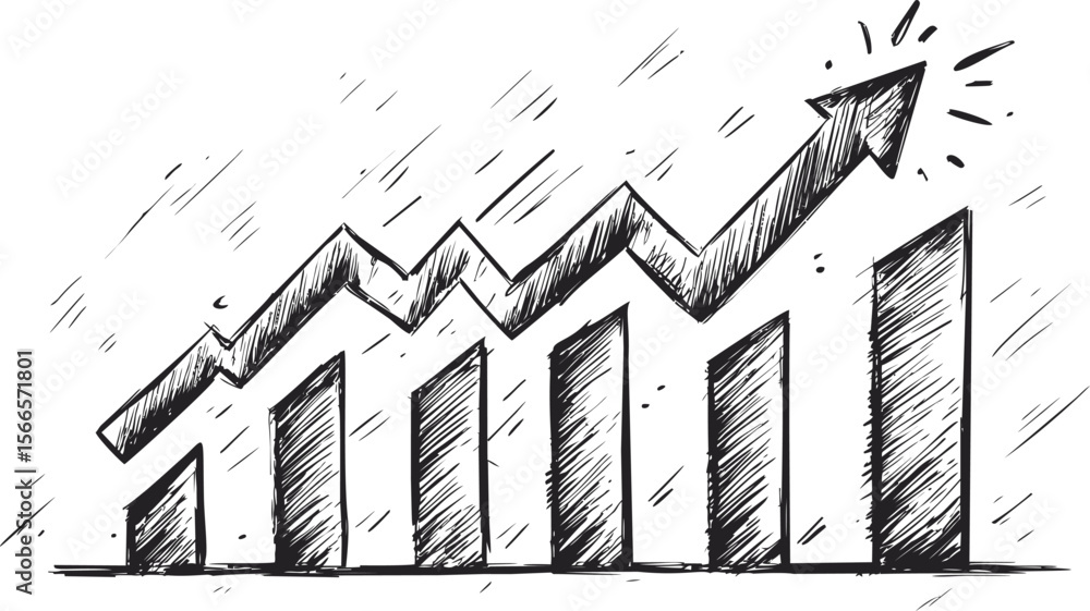 Poster sketch of a bar graph with rising trend and an arrow symbolizing growth