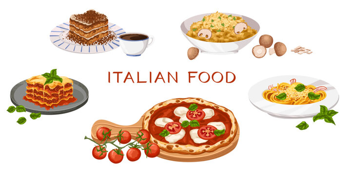 Set with classic Italian meals and produce. Hand drawn illustration of pasta, pizza, risotto, lasagna, tiramisu and espresso for culinary design, restaurant menus, branding, packaging, stickers
