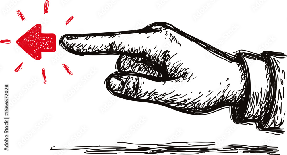 Aufkleber hand pointing left with arrow in black and red sketch, conceptual illustration