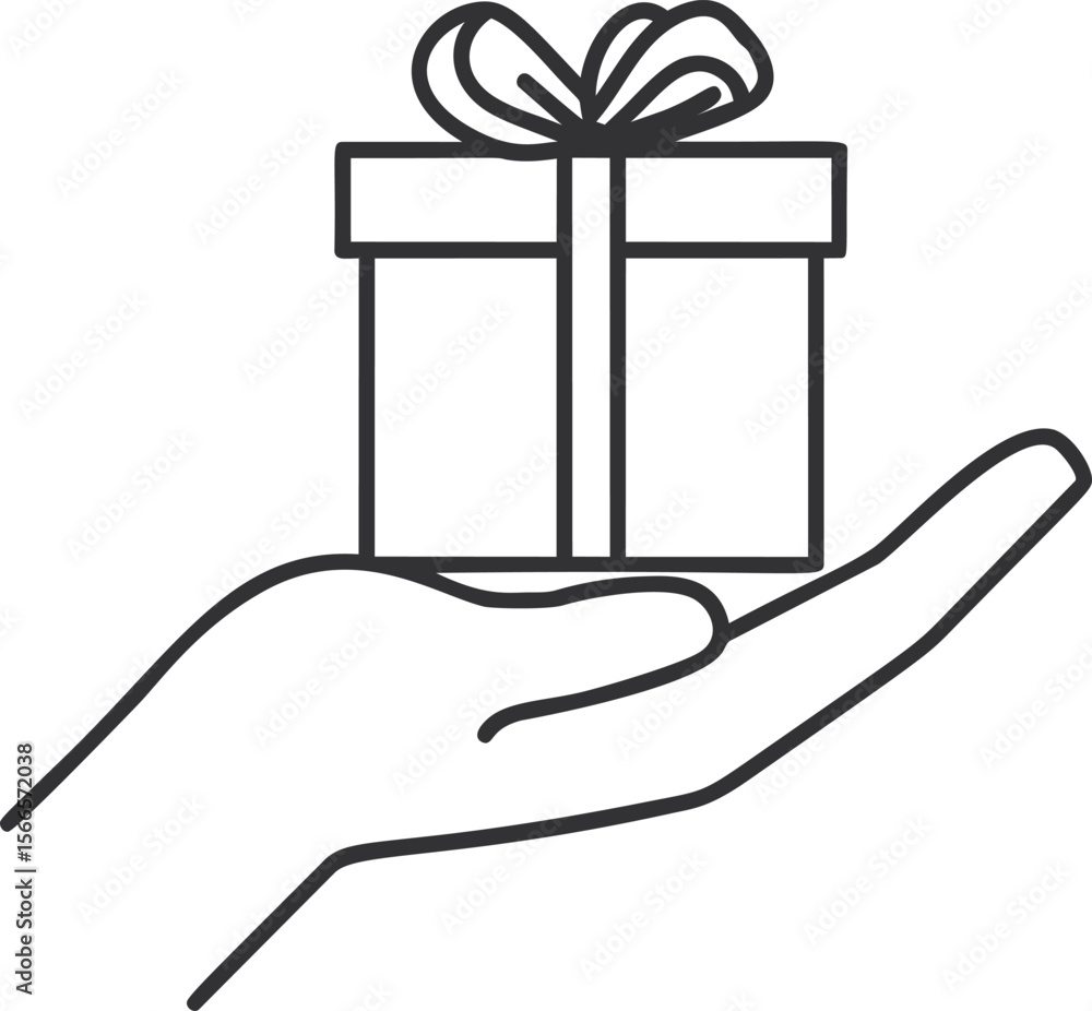 Poster hand holding a gift box with ribbon in minimal line art style