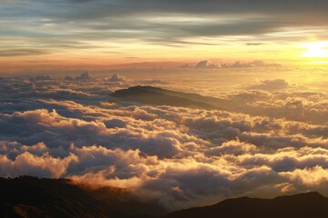 A Symphony of Clouds and Sunrise Over a Mountainous Landscape