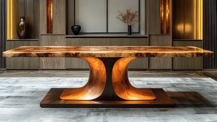 Elegant wooden dining table with unique sculptural base, illuminated in a modern interior, perfect for upscale home decor and design inspiration.