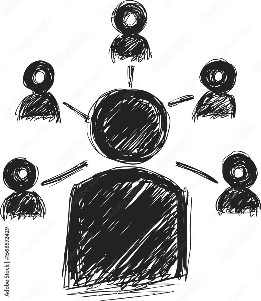 Poster Black and white sketch of a network with central node and connected people