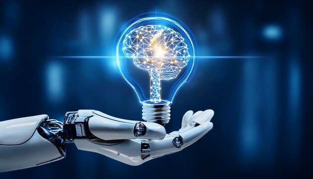 robotic hand holding glowing lightbulb with a brain design