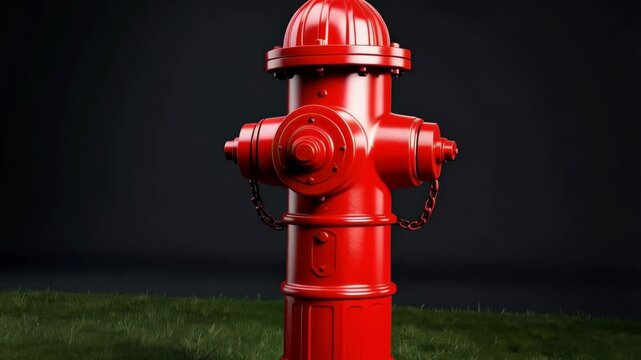 Bright red fire hydrant stands proudly on a patch of green grass against a plain dark background, a symbol of safety and vigilance