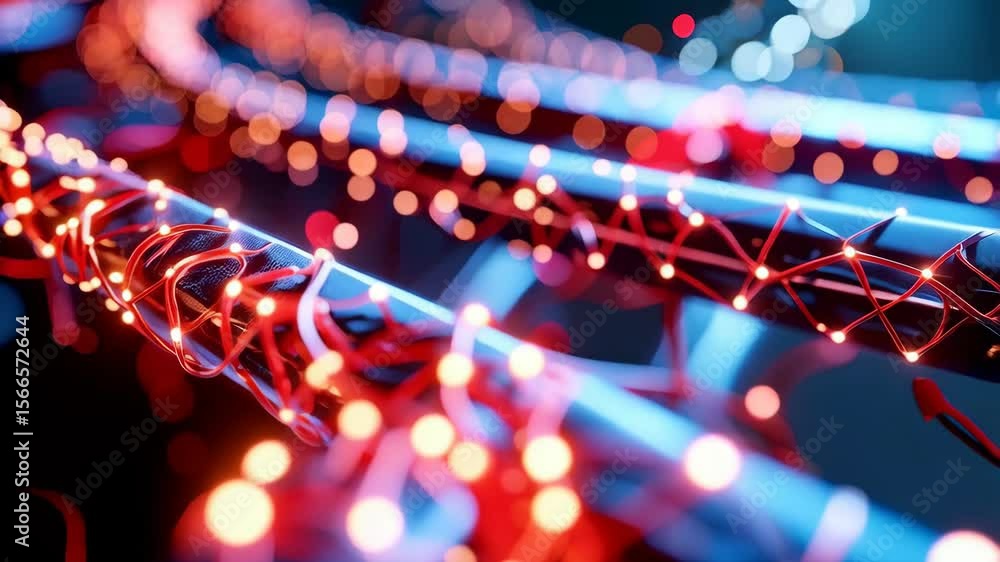 Poster abstract blue futuristic pipes interconnected by glowing red network cables and data streams, concep