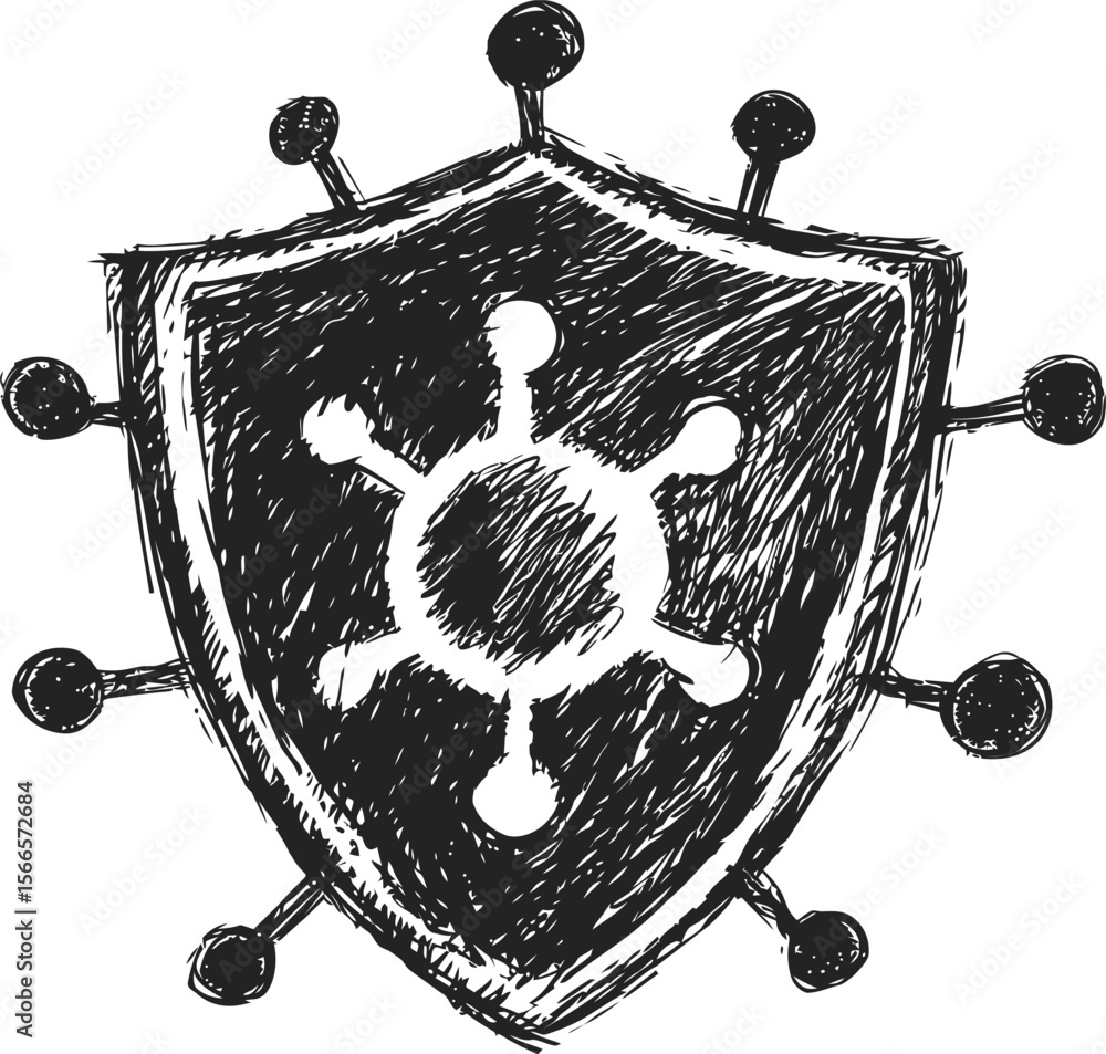 Poster shield with virus symbol in monochrome sketch style illustration