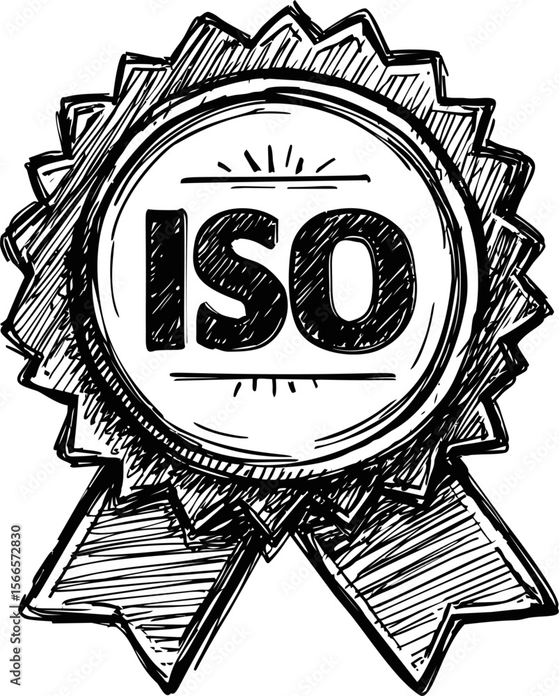 Poster Hand-drawn iso certification badge with ribbon in black and white sketch style