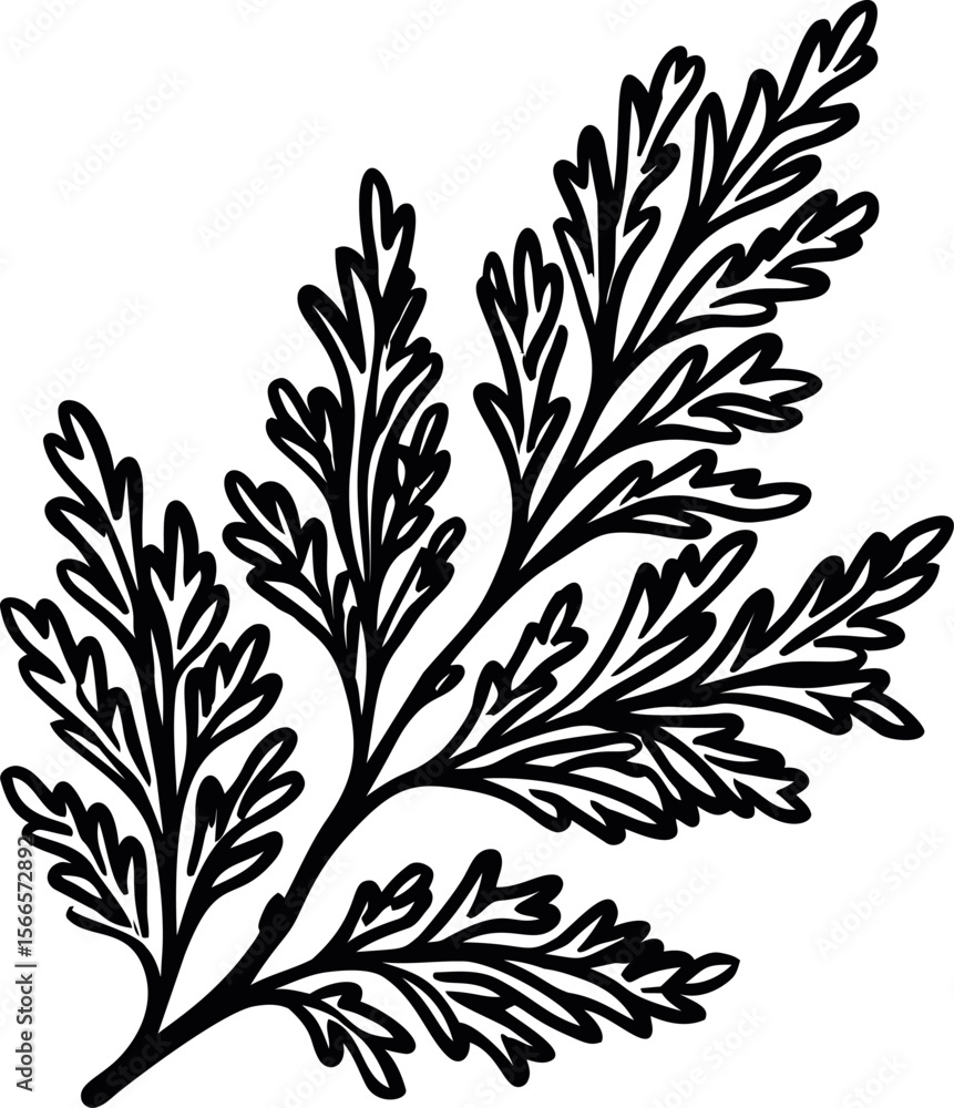 Poster silhouette of detailed leafy branch with intricate pattern in black ink style