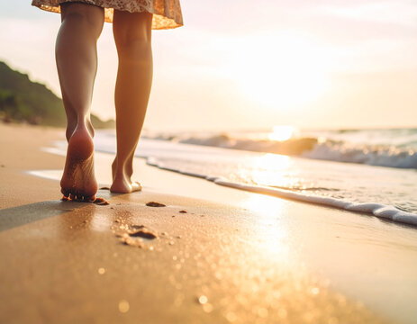 Someone's feet are barefoot, stepping on the wet sand on the beach