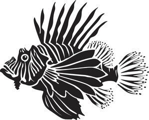 Black and white silhouette of a lionfish with detailed fins and spines, illustration