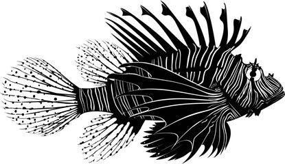 Black and white illustration of a lionfish with detailed spiky fins