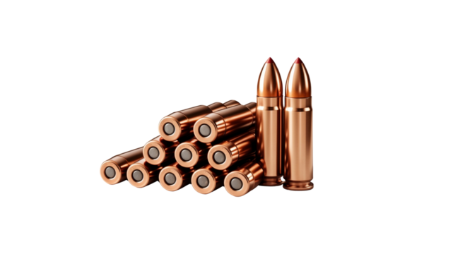 Close-up of Ammunition A Pile of 9mm Cartridges and Two Loaded Rounds