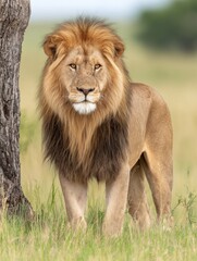 Fototapeta premium A majestic lion stands tall in its natural habitat, gazing directly into the camera with an air of quiet confidence