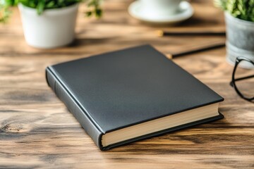 Fototapeta premium A black leather bound book sits on a wooden table. Blank book cover mockup hardcover mock up of business literature on wood desk office table.