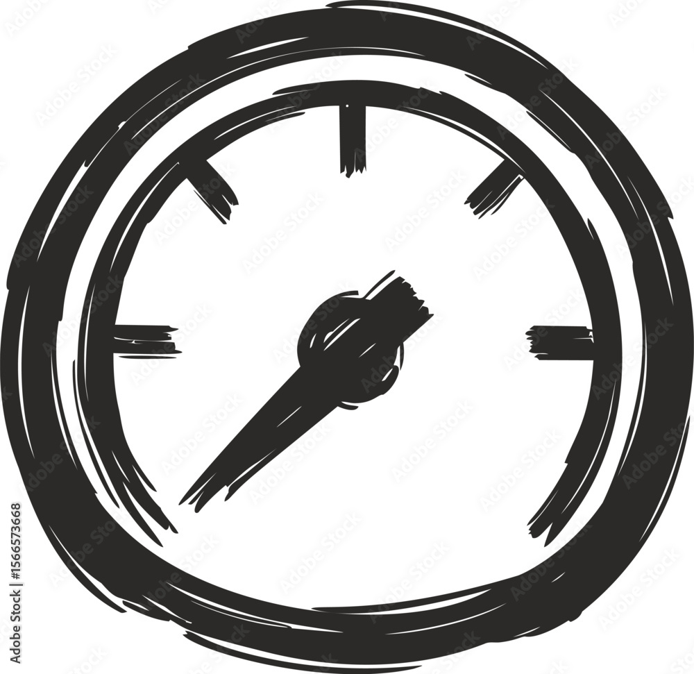 Poster sketchy black and white clock face with ink brush style and no hands
