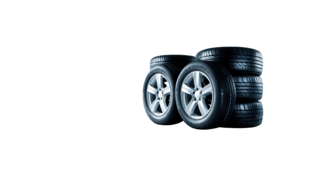 Stack of New Car Tires and Alloy Wheels on Transparent Background
