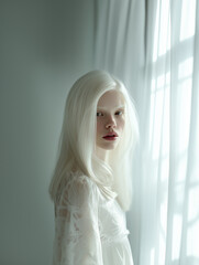 A visually captivating portrait of a young albino woman with long white hair, posing gracefully against softly lit curtains.