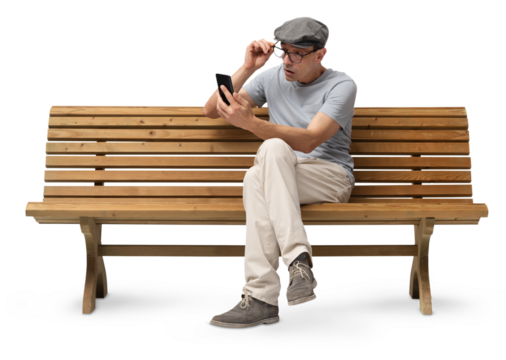 Mature man in his 50s sitting on a wooden bench and using a smartphone, studio shot isolated on white background. Casual clothing, wearing reading glasses and a hat