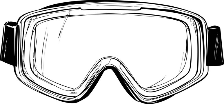 Black and white illustration of ski goggles with detailed sketch lines