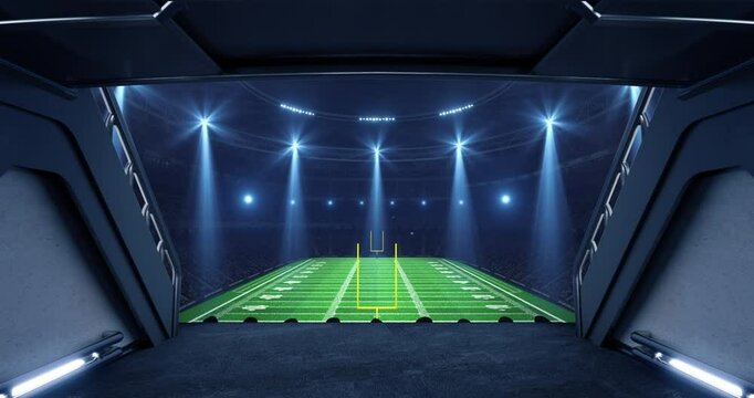 Entrance to a floodlit sports stadium full of cheering fans with an American football field before a league match. Professional sports 4k video for advertisement background.