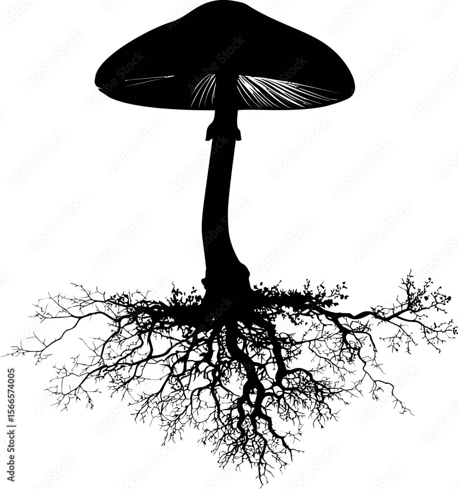 Poster Silhouette of a mushroom with intricate root system