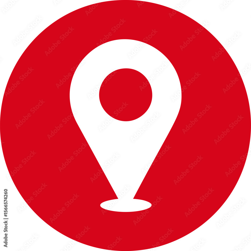 Poster red circle with white location pin icon on plain background