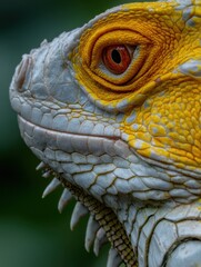Fototapeta premium A close-up of a vibrant yellow and white bearded dragon's head, showcasing its striking red eyes and detailed scales