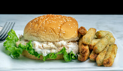 tuna salad  sandwich with broccoli fries