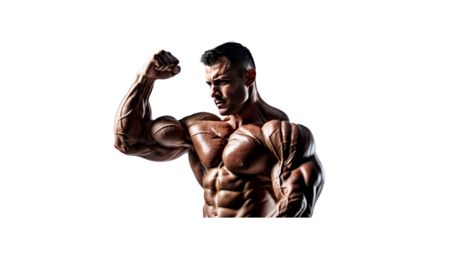 Muscular Man Flexing Biceps, Strong Bodybuilder Posing Against Transparent Background
