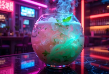 Molecular neon cocktail in large round glass with smoke and jelly texture served in cyberpunk bar with colorful lights and mint decoration
