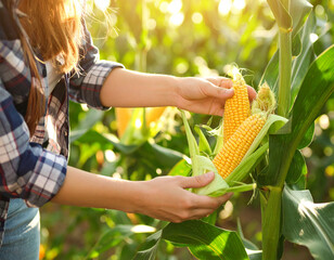 Farmers picking corn in the garden