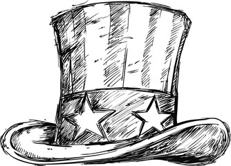 Sketch of an uncle sam hat with stars and stripes in black and white illustration