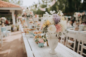 A whimsical tea party unfolds with delicate floral arrangements atop a rustic wooden table