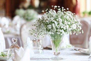 A Vase of White Daisies on a Formal Table Setting