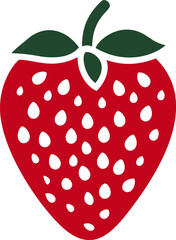 Red and white stylized strawberry illustration with green stem and leaves