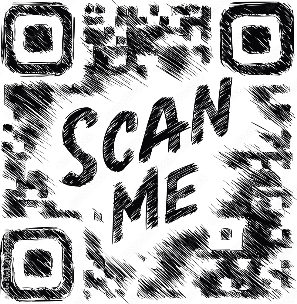Poster Black and white sketched qr code with bold scan me text in center