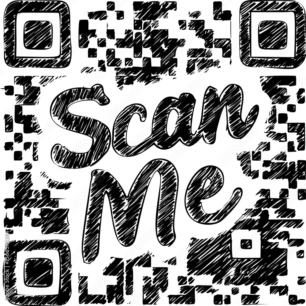 Poster Hand drawn qr code with sketchy text reading scan me in black and white