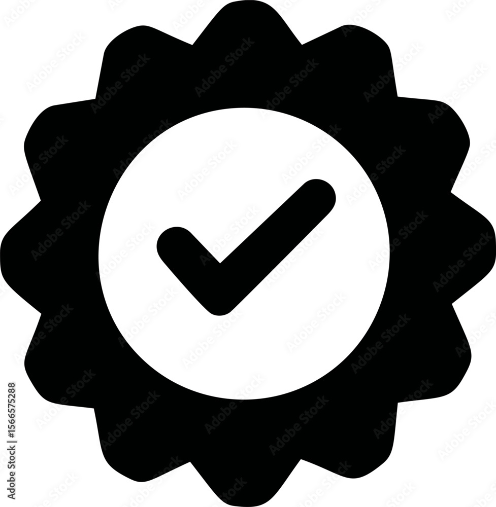Poster black and white verified badge icon with a checkmark in the center