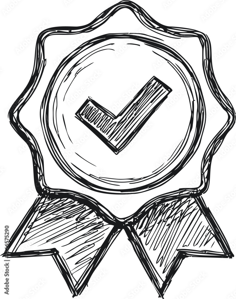 Poster Hand-drawn sketch of a badge with a check mark symbolizing quality