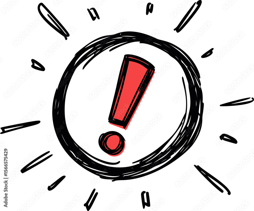 Poster Red exclamation mark in black circle with sketchy lines, symbolizing alert