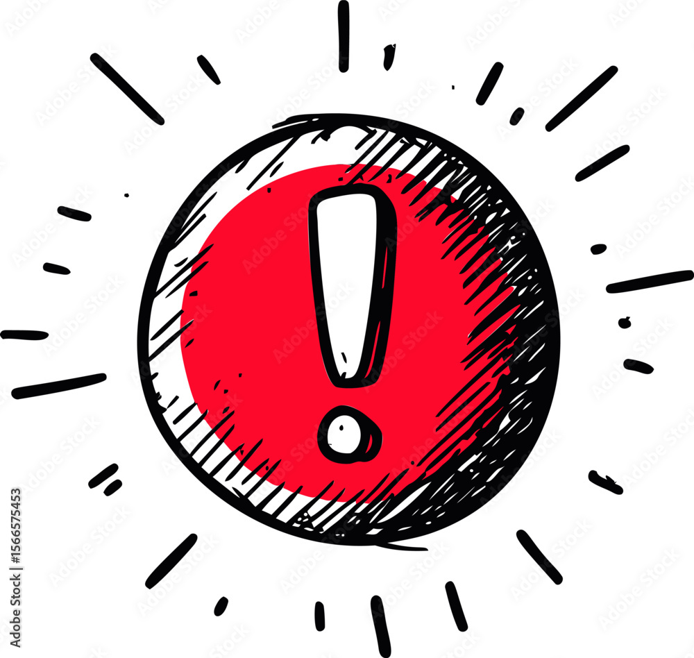 Poster red exclamation mark icon with radiating lines and sketchy style illustration